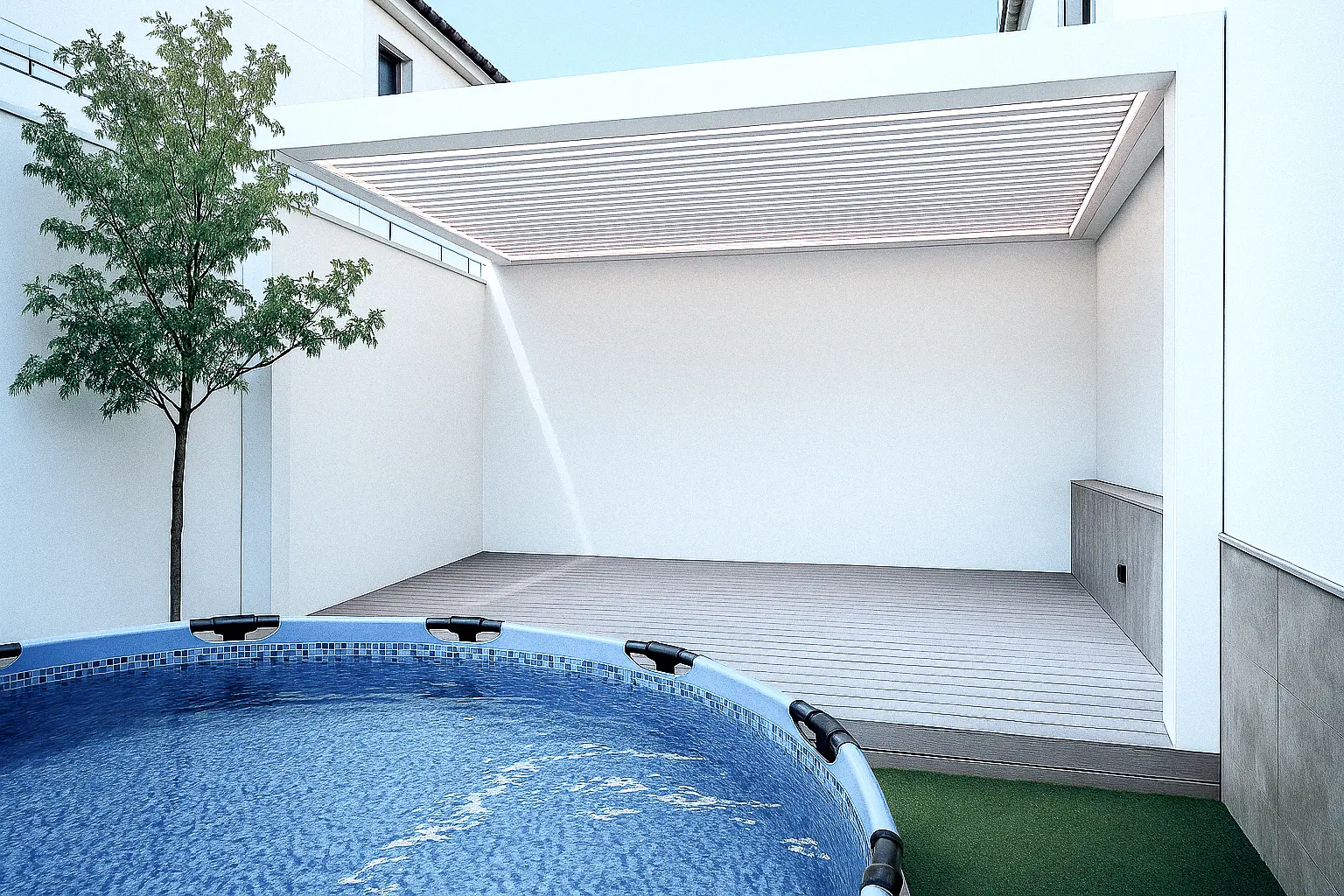 Pergola bioclimatica addossata a parete per la copertura di terrazzi e porticati residenziali.