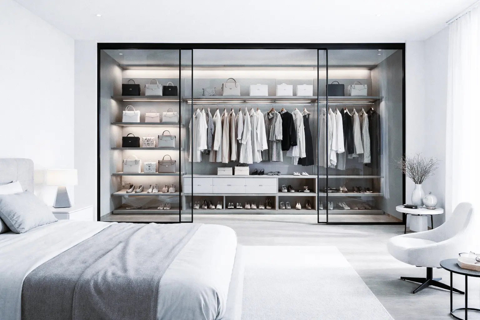 Armadiature in vetro per hotel e uffici moderni, design funzionale per l'accoglienza.