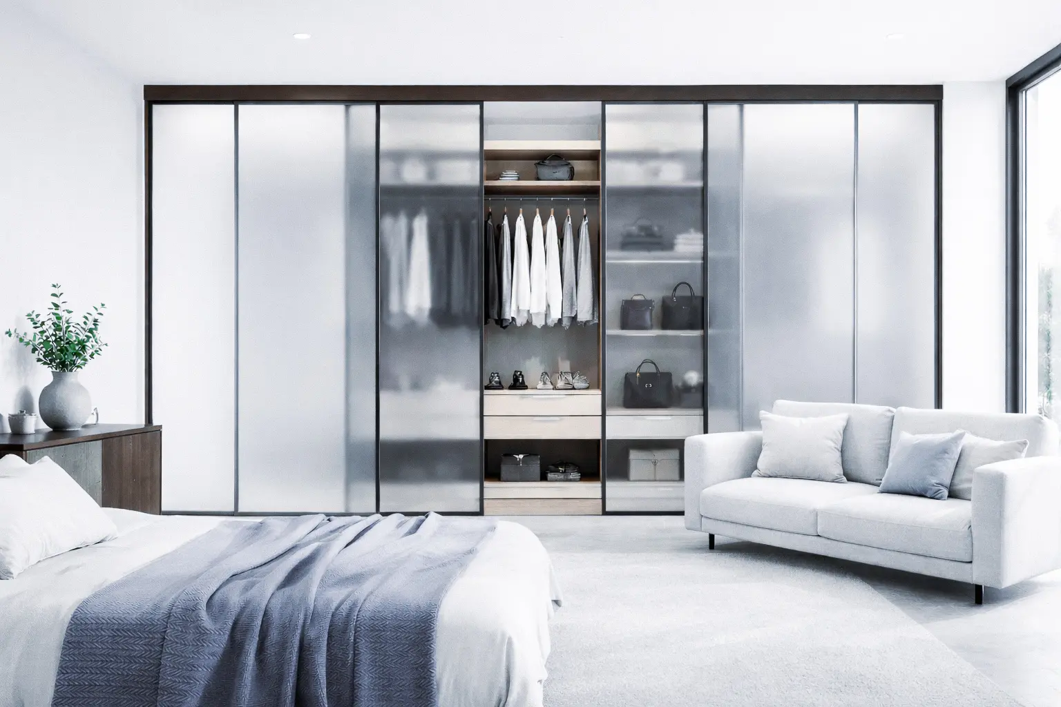 Armadio in vetro decorato con finiture satinate o fumé per un design d'interni ricercato.