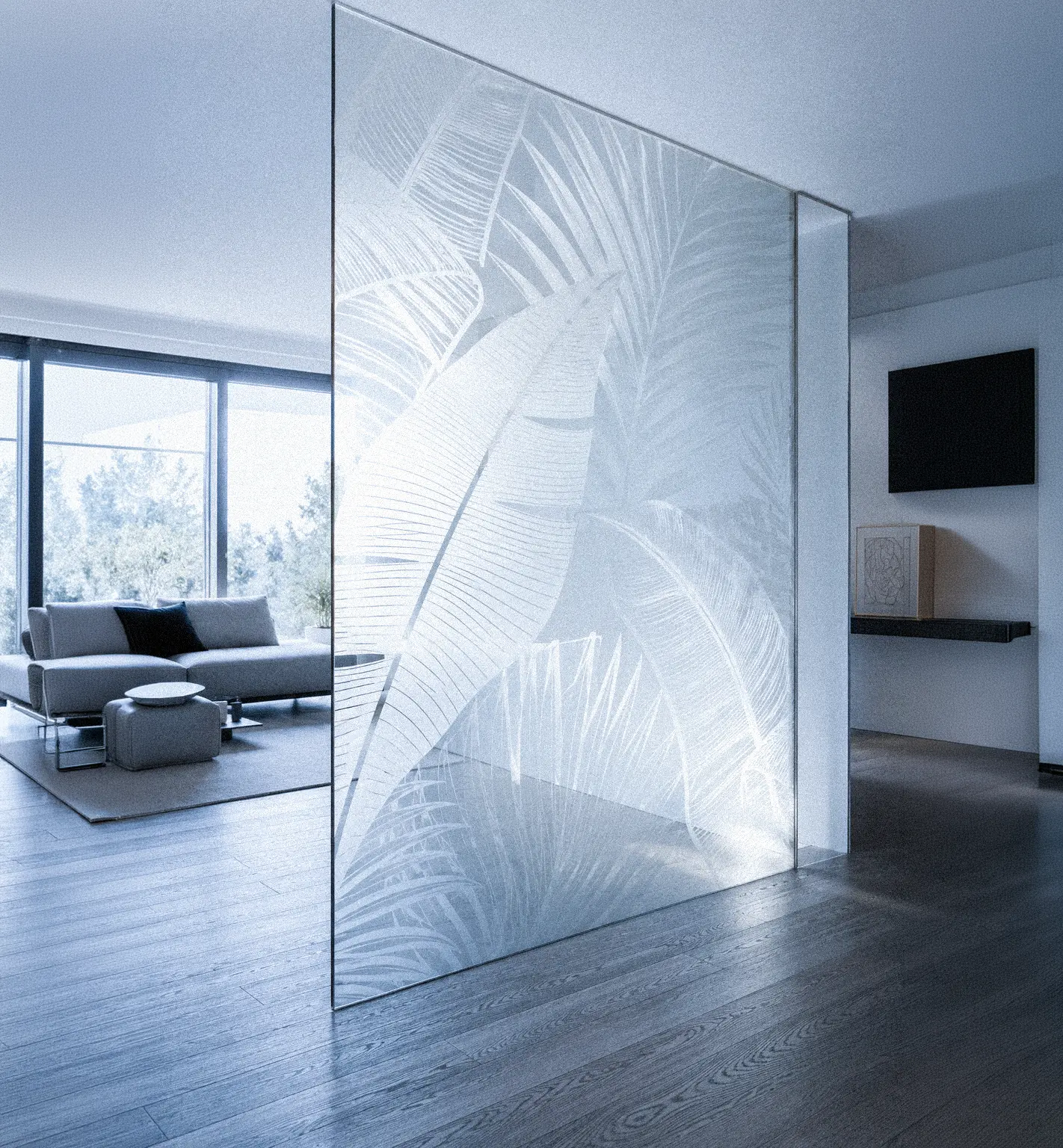 Vetri decorati con serigrafie personalizzate e pattern geometrici per porte e pareti.