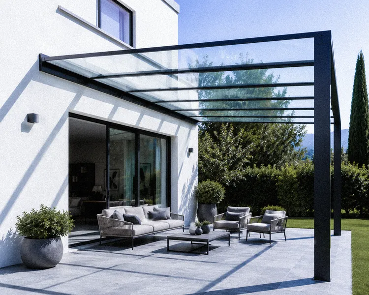 Tettoie in vetro per percorsi pedonali e accessi pubblici con fissaggi in acciaio inox.