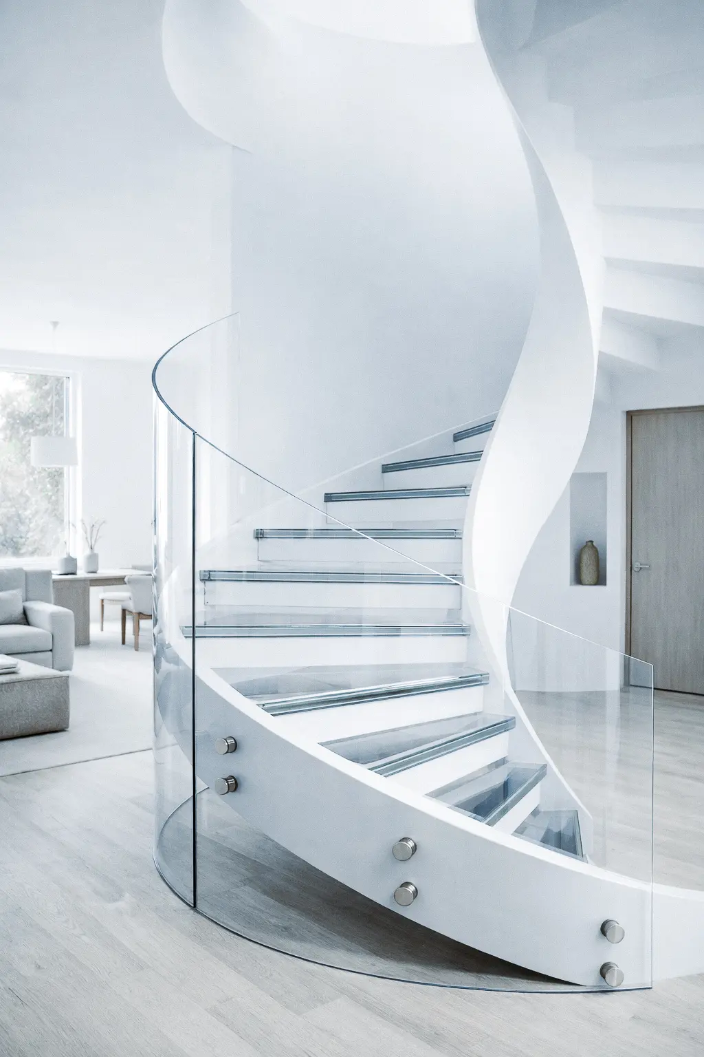 Parapetti in vetro curvo per scale elicoidali: eleganza architettonica e precisione millimetrica.