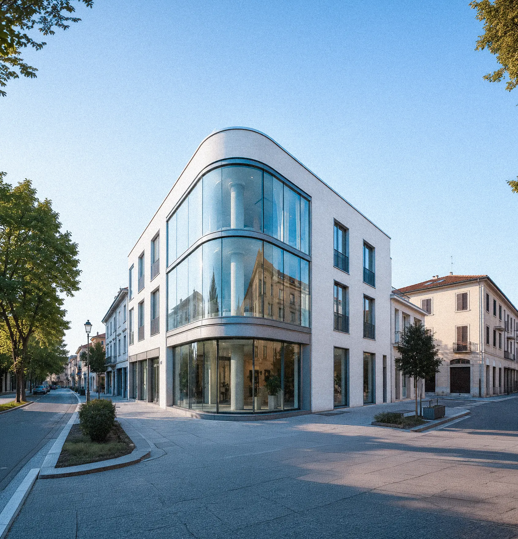 Facciate in vetro curvo strutturale per edifici moderni e rivestimenti esterni sinuosi.