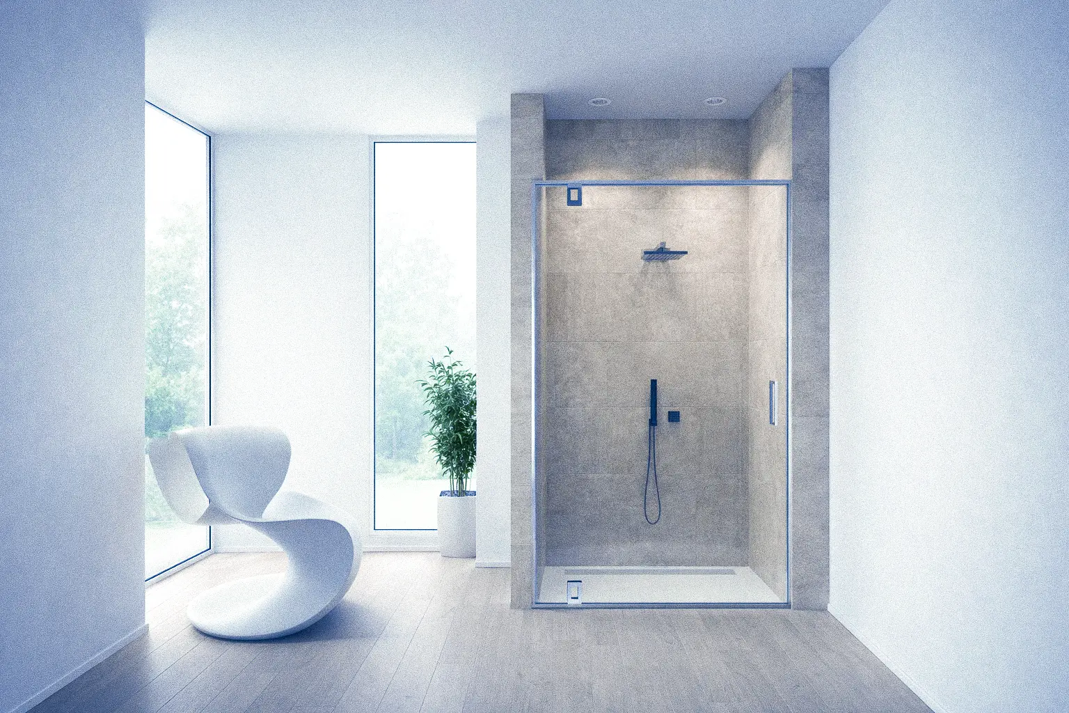 Parete doccia walk-in in vetro extrachiaro con trattamento anticalcare nanotecnologico.