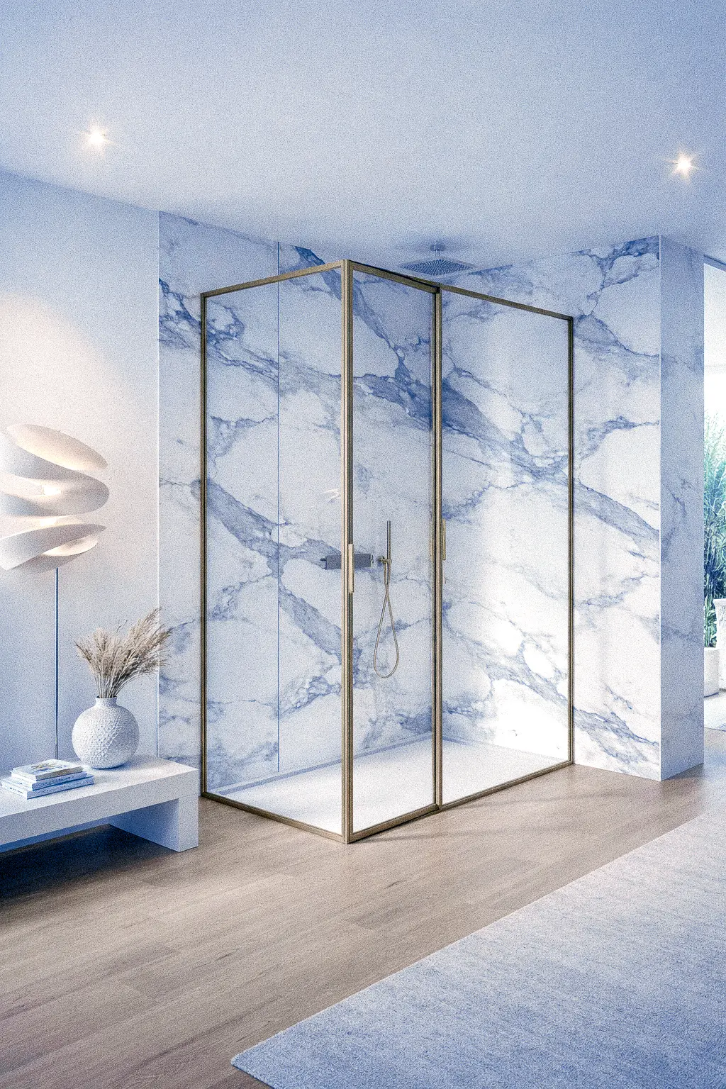 Box doccia con profili neri e vetri trasparenti per un bagno in stile moderno industrial.