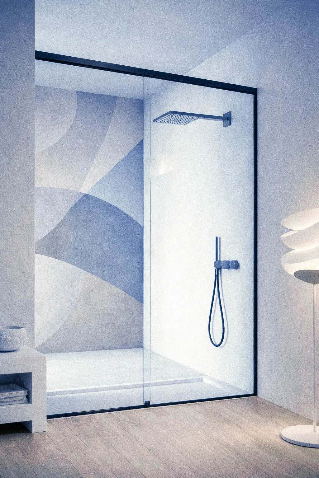 Dettaglio del trattamento anticalcare su vetro doccia per una pulizia rapida e duratura.