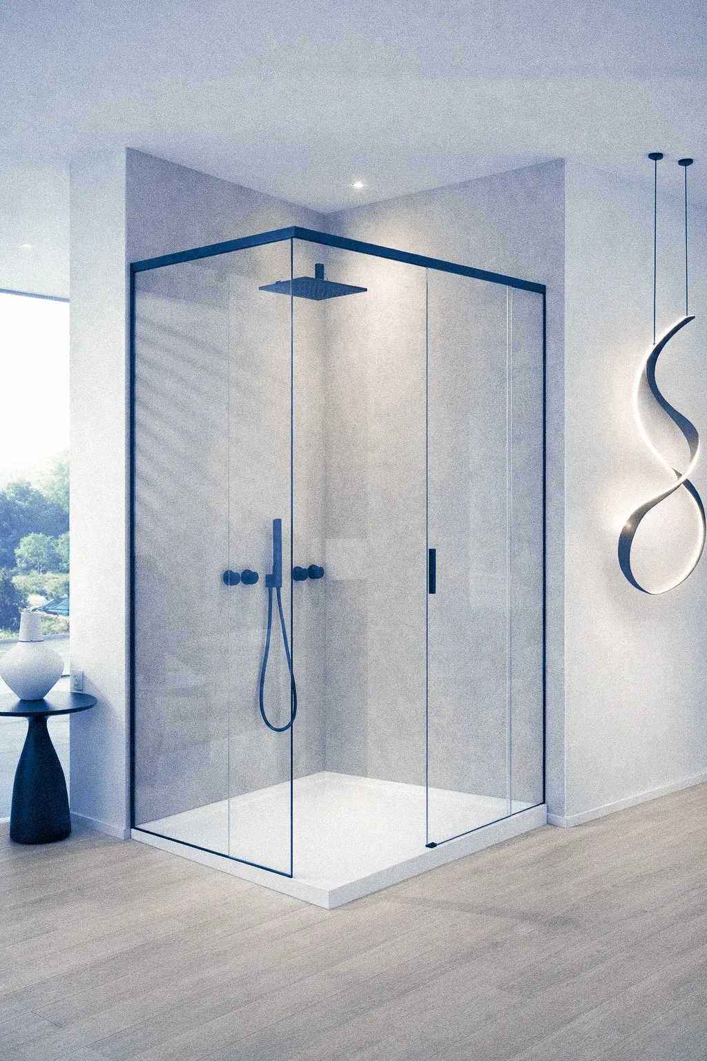 Box doccia per mansarda con vetro sagomato su misura per tetti spioventi e sottotetti.