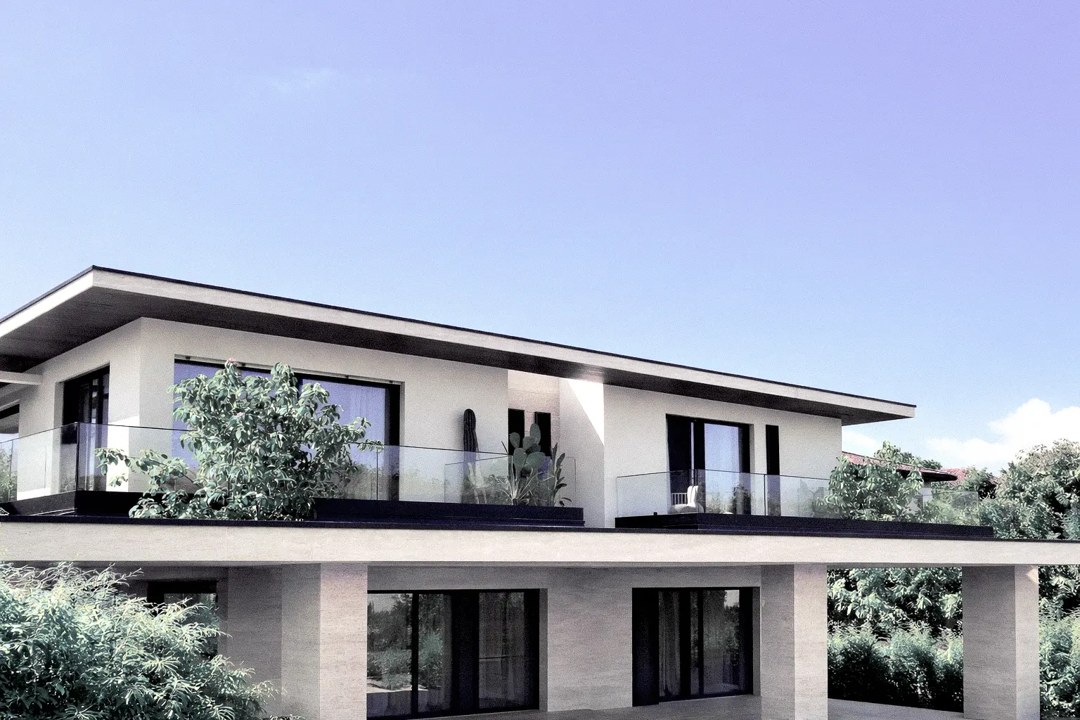 Parapetti in vetro satinato e acidato per garantire privacy su balconi e terrazzi.