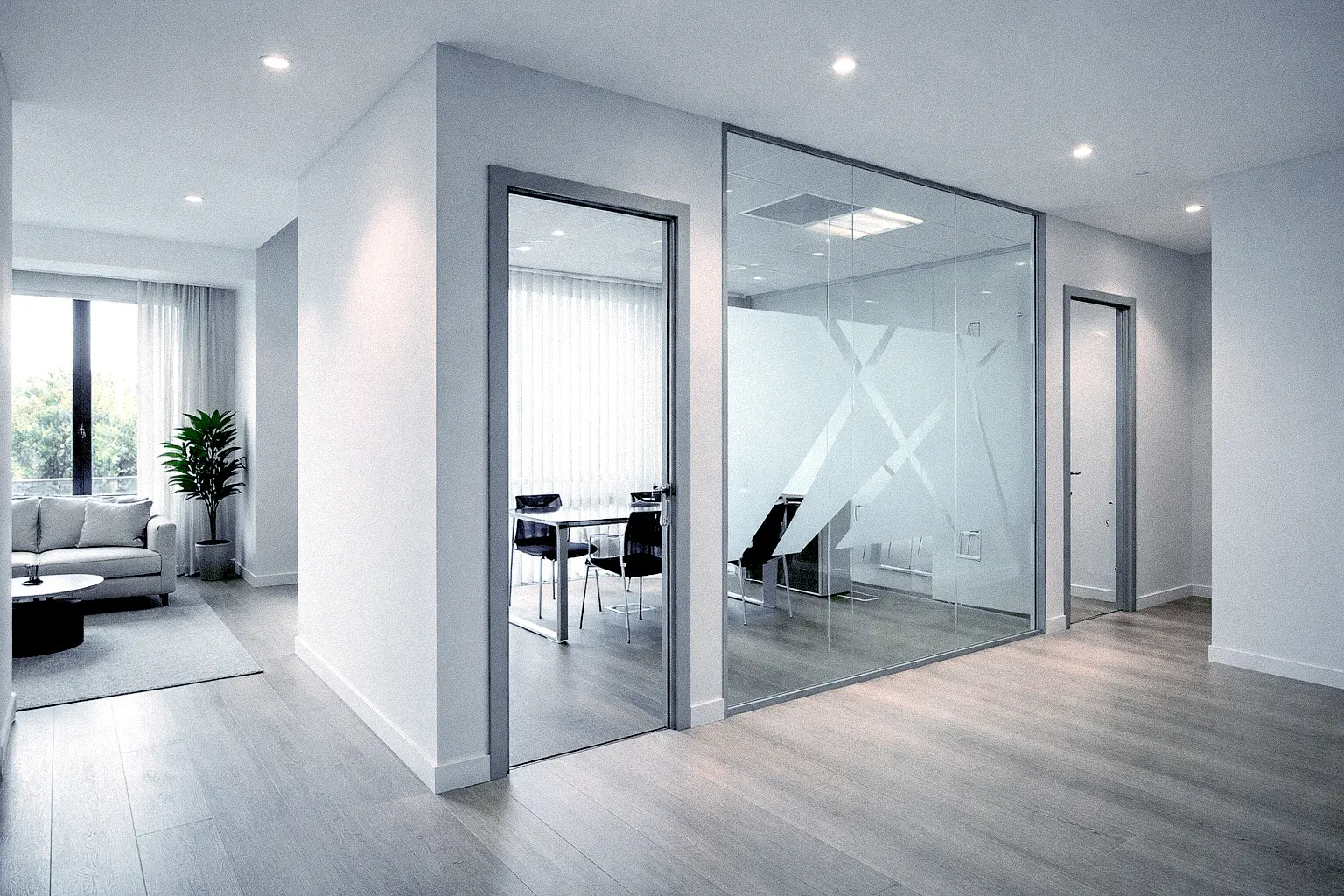 Pareti divisorie in vetro per uffici con isolamento acustico e porte in vetro coordinate.