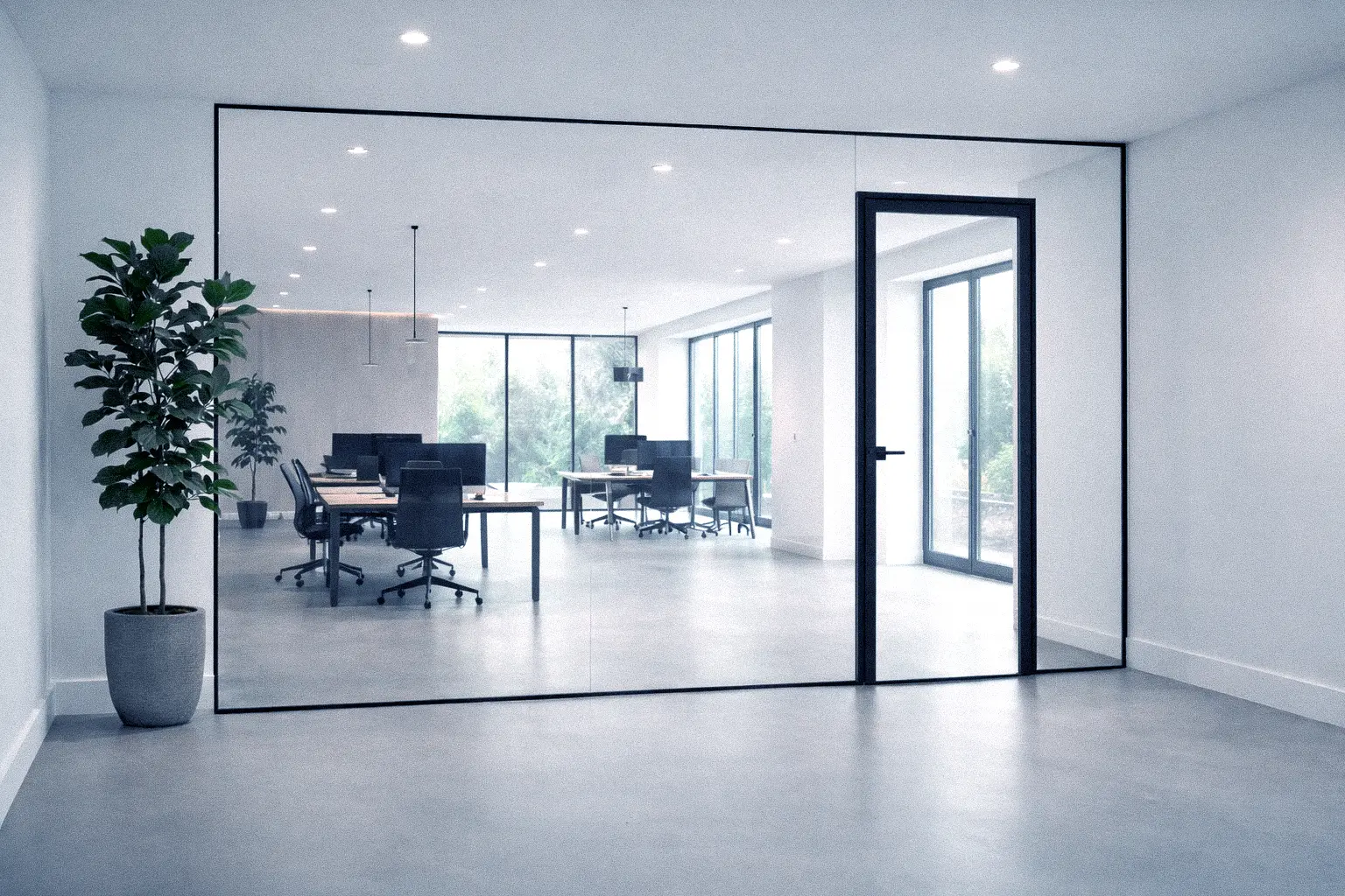 Parete di vetro con profili sottili in alluminio nero per un design industriale e moderno.