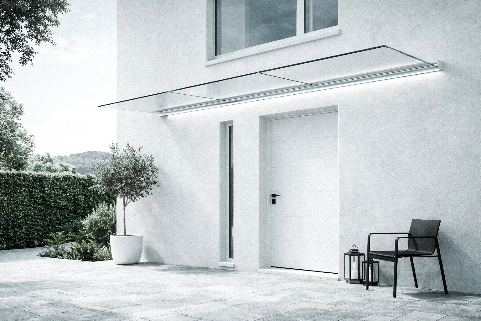 Scopri le nostre pensiline in vetro per ingressi e percorsi esterni. Soluzioni su misura con vetri di sicurezza, design essenziale e posa professionale garantita.