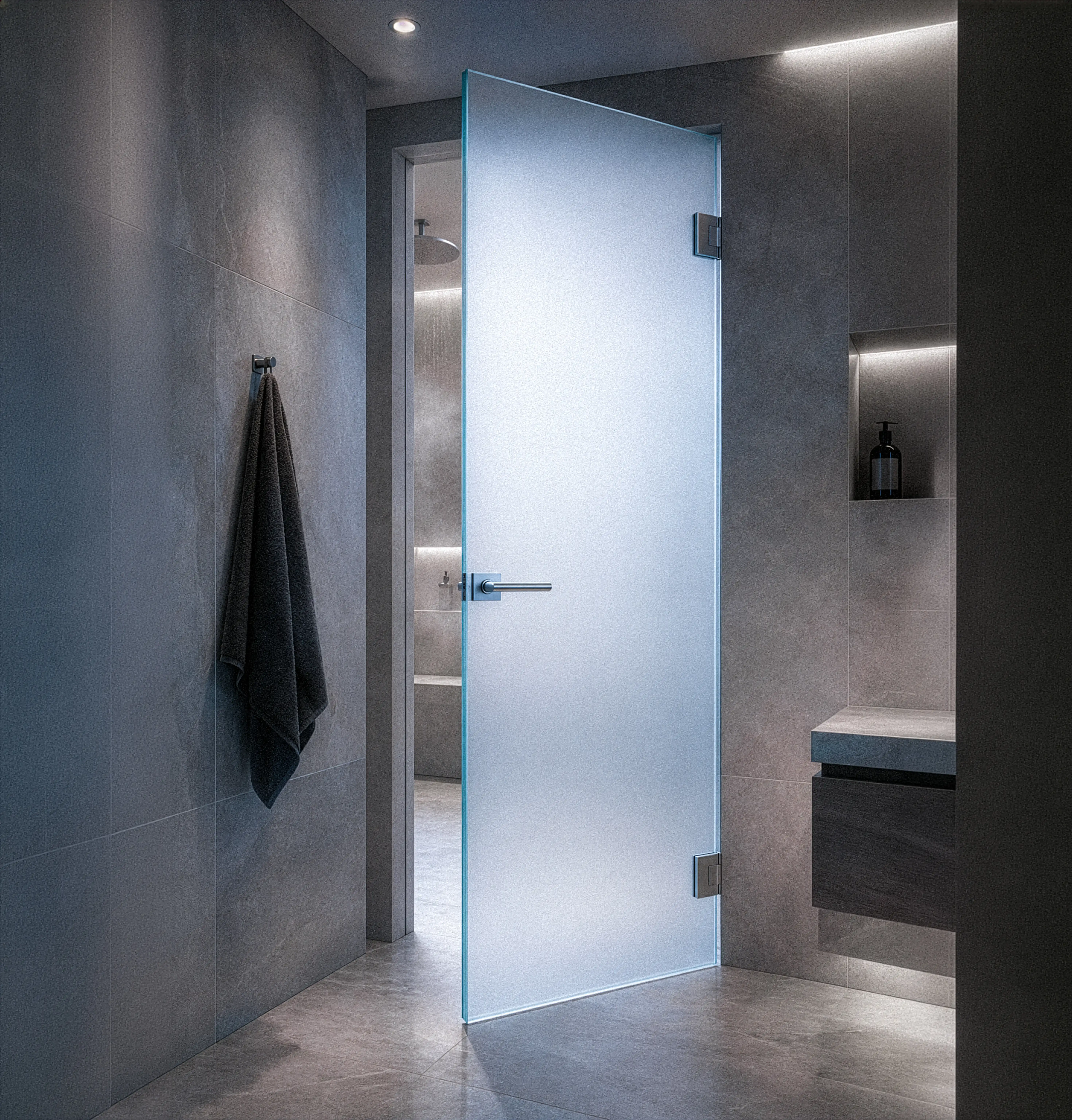 Porta a vetro satinato per bagno e SPA con ferramenta resistente alla corrosione.