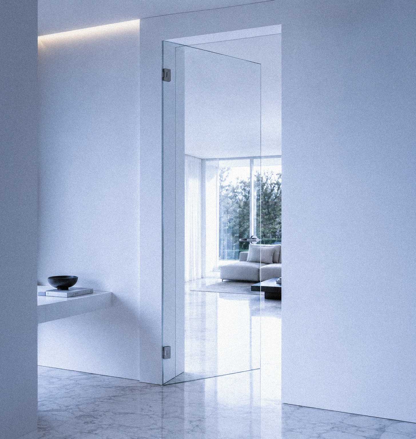 Porta in cristallo temperato con cerniere a scomparsa per un design minimale senza ferramenta visibile.