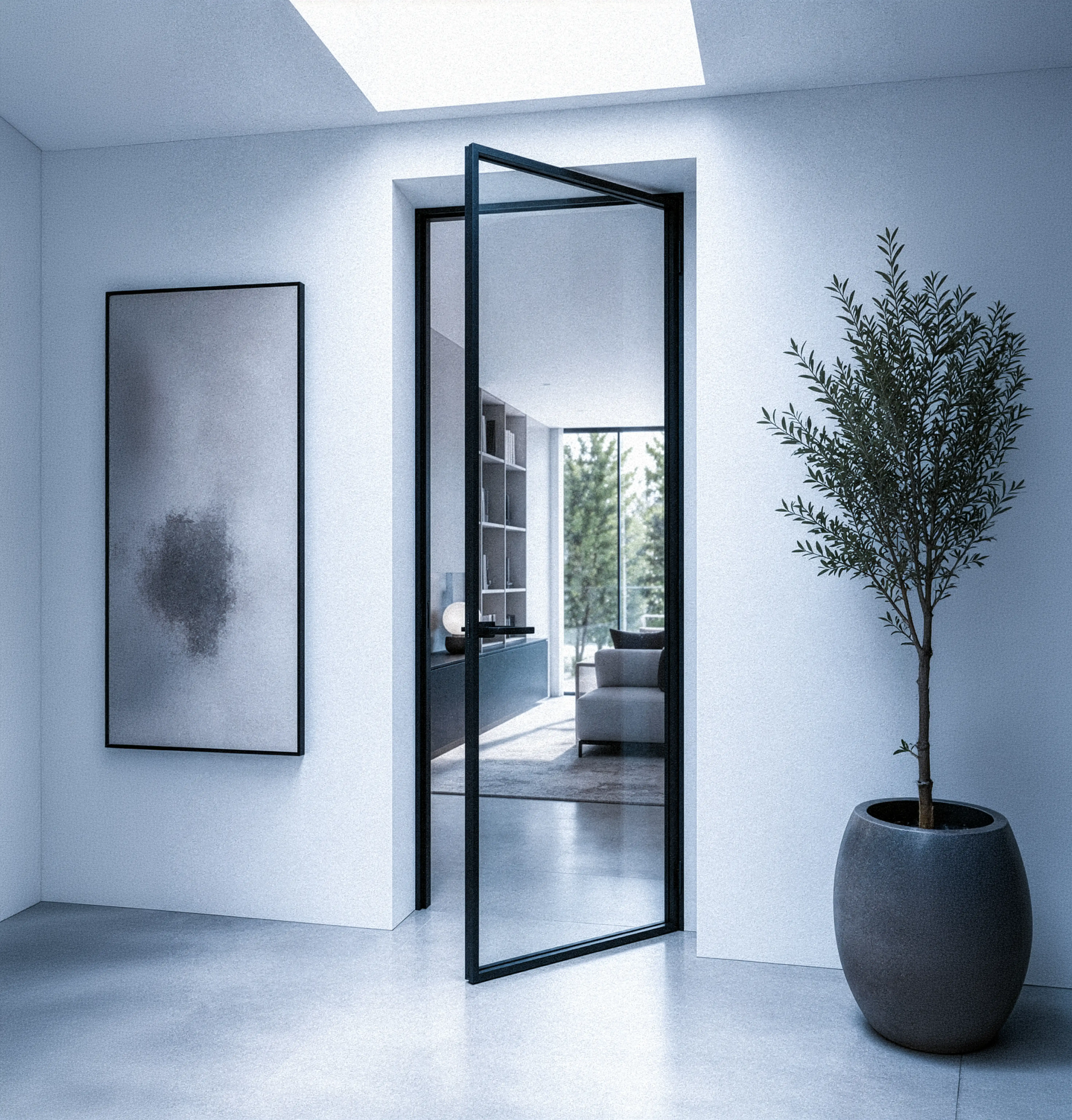 Porta a vetro con telaio in alluminio nero e anta battente, design stile industriale.