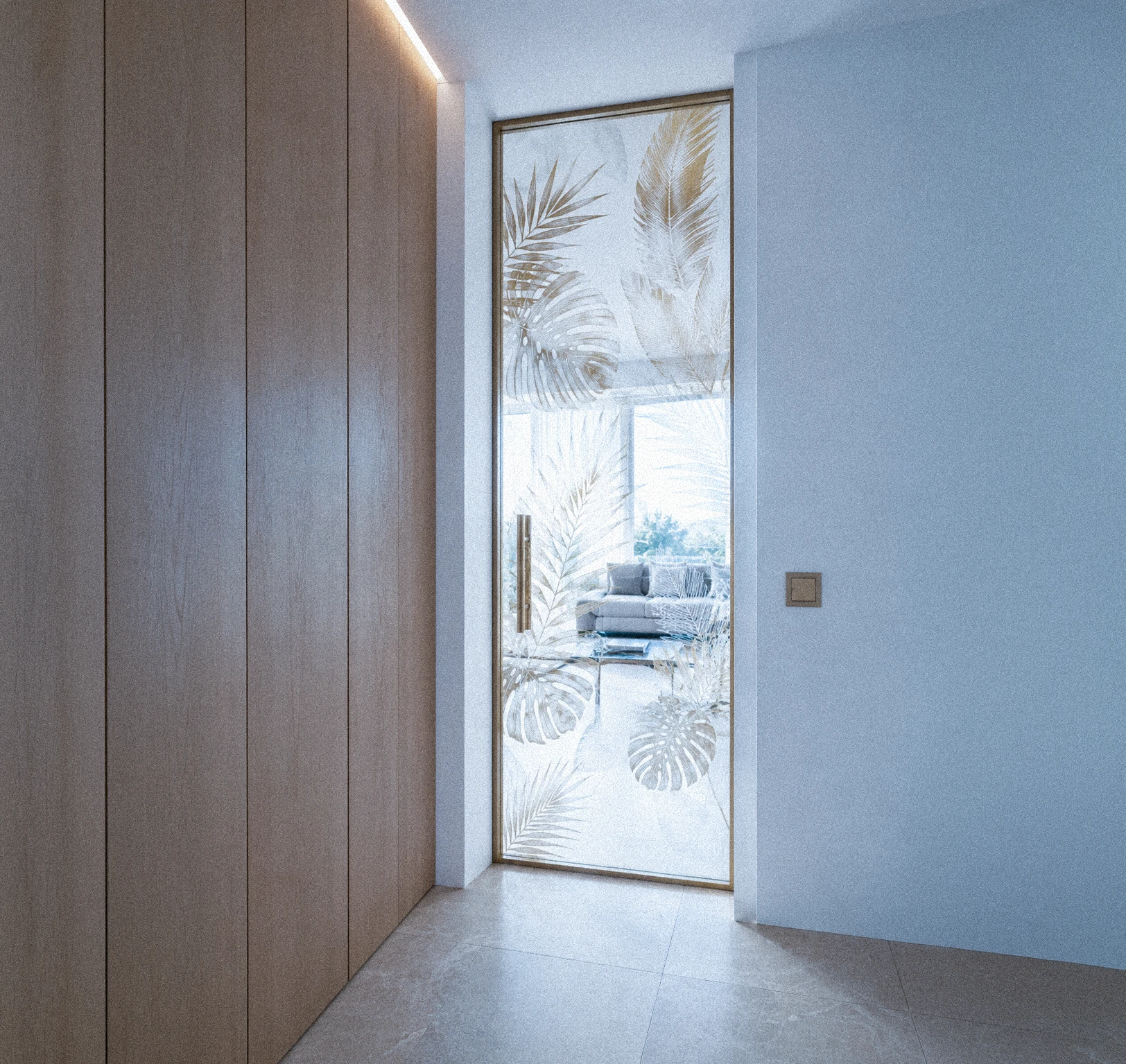Porta in vetro con serigrafia personalizzata e stampe digitali per uffici e residenze di lusso.