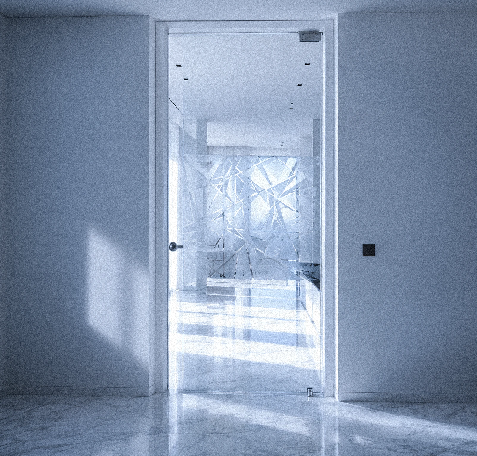 Porta tutto vetro con decorazioni sabbiate eleganti per un design continuo e luminoso.