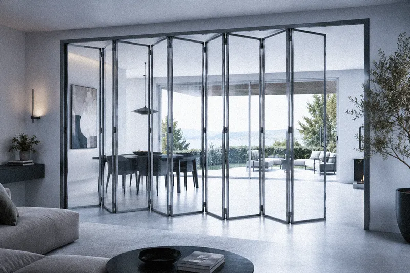 Porta a soffietto multi-anta in vetro per grandi aperture, sistema di impacchettamento laterale compatto.