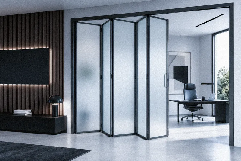 Porta a soffietto in vetro satinato acidato per garantire privacy e luce naturale in bagno.