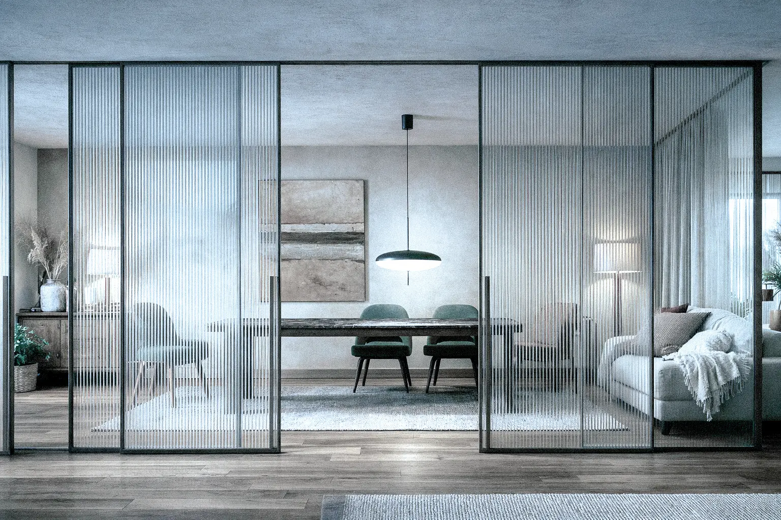 Porta interna a libro in vetro con profili in alluminio sottili e cerniere integrate.