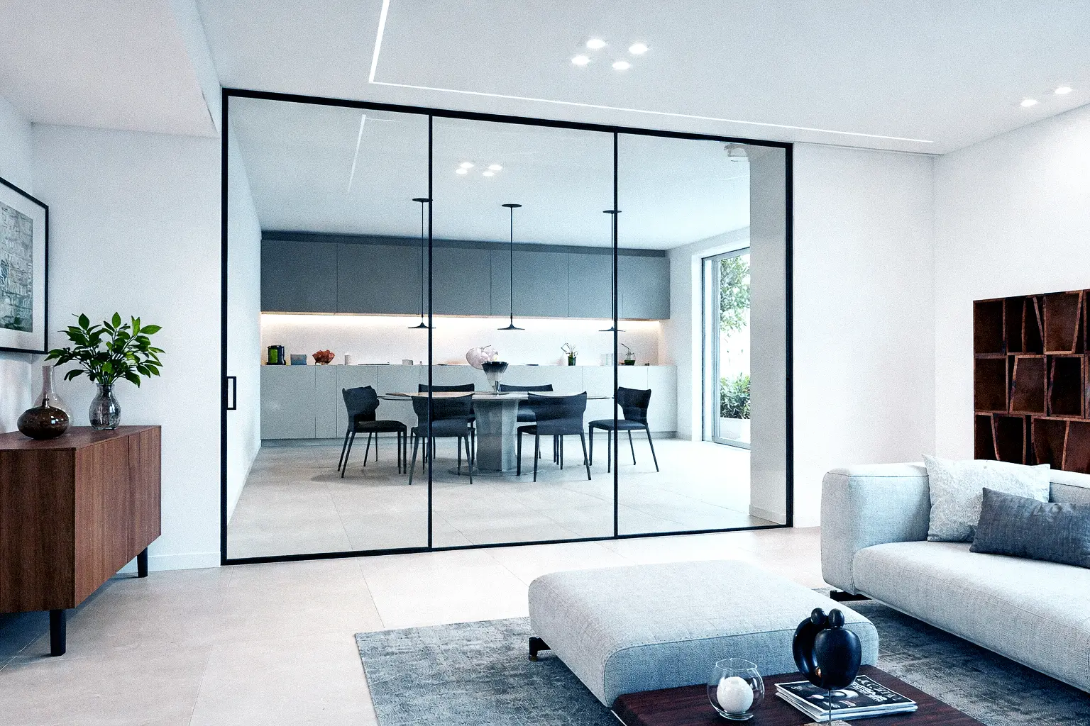 Parete divisoria multi-anta in vetro decorato coordinato per grandi ambienti artistici.