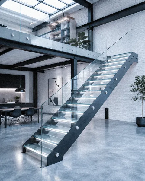 Scala in vetro con parapetti coordinati per un design d'interni minimale e coerente.