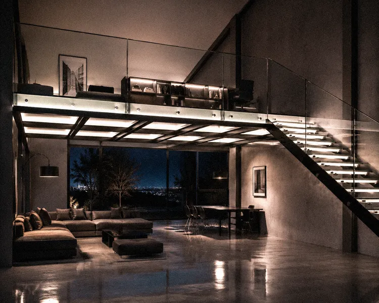Soppalco in vetro con sistema di illuminazione LED integrata nei profili strutturali