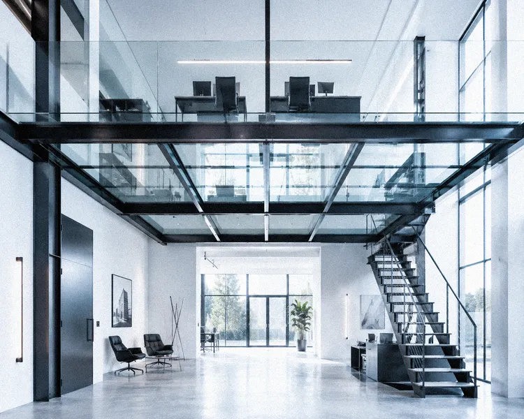 Soppalchi in vetro per showroom e uffici moderni, design strutturale trasparente.