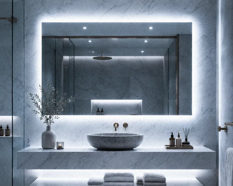 Specchio retroilluminato a LED su misura per bagno e zone beauty con luce diffusa.